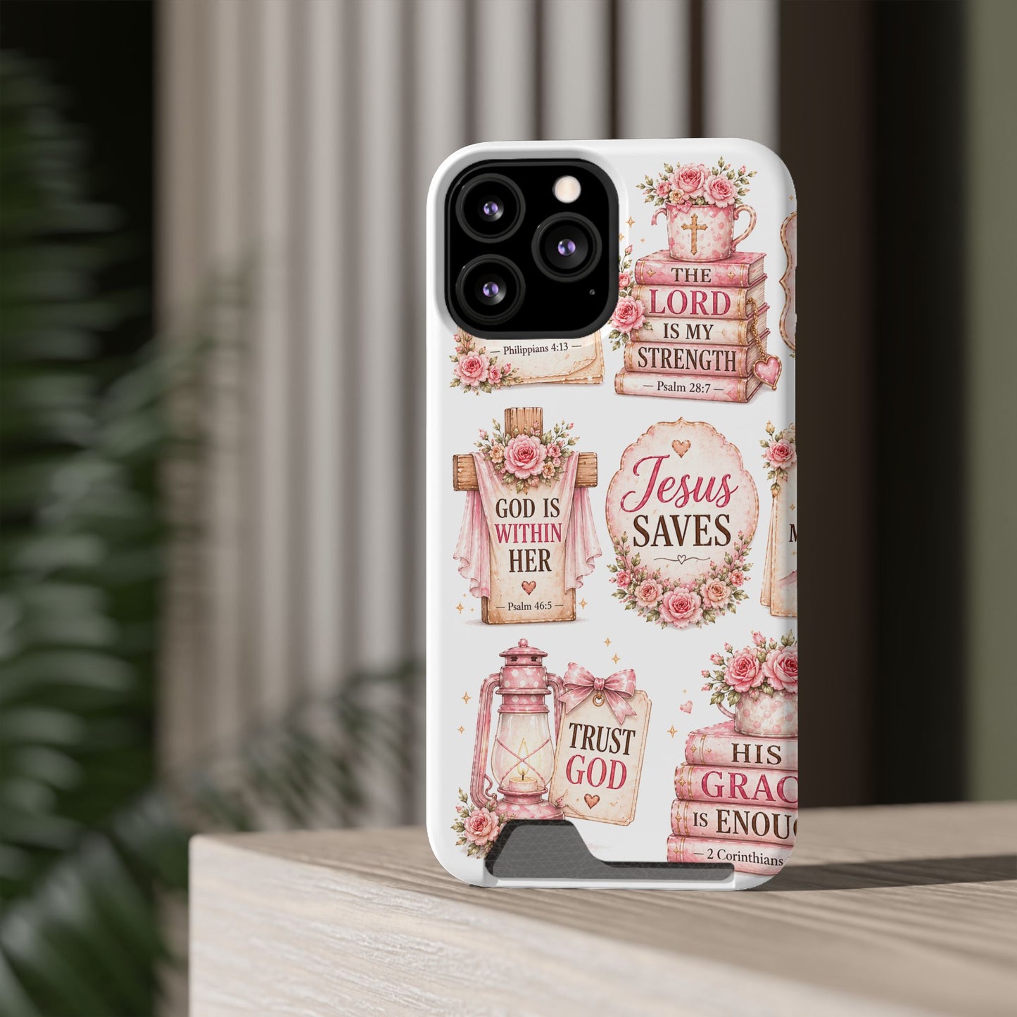 Christian Floral Phone Case with Card Holder — 'Jesus Saves' Inspirational Design