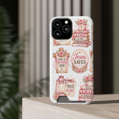 Christian Floral Phone Case with Card Holder — 'Jesus Saves' Inspirational Design
