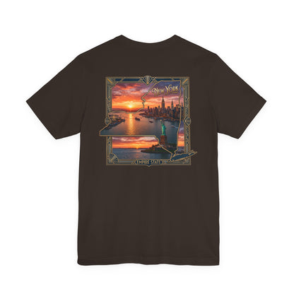 New York Sunset Skyline Tee — Statue of Liberty Vintage Travel T‑Shirt