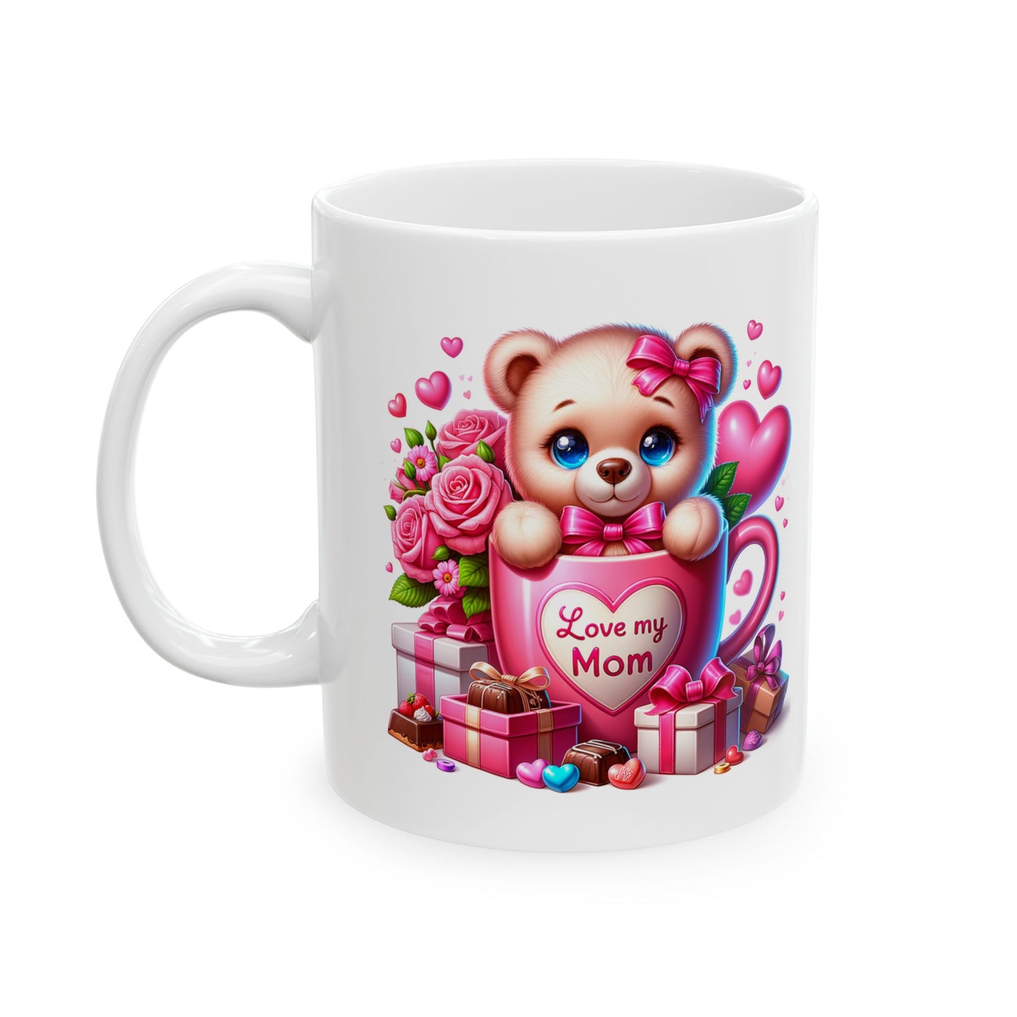 Valentine Teddy Bear Ceramic Mug — Cute Hearts, Roses & Gift Box 11oz/15oz
