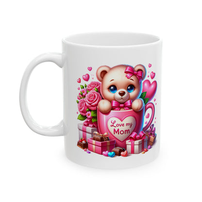 Valentine Teddy Bear Ceramic Mug — Cute Hearts, Roses & Gift Box 11oz/15oz