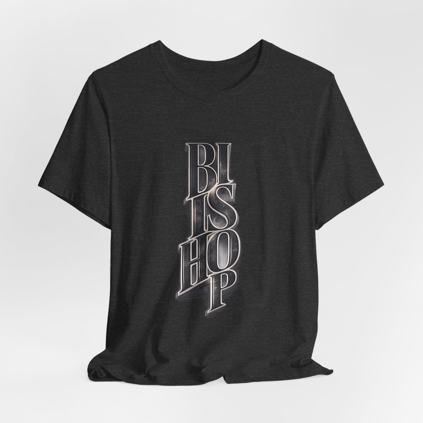 Bishop Vertical Script Tee — Vintage Gothic Lettering T-Shirt