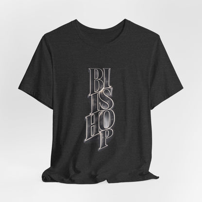 Bishop Vertical Script Tee — Vintage Gothic Lettering T-Shirt