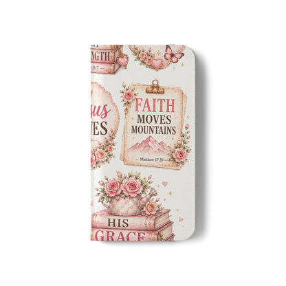 Christian Floral Phone Flip Case — "Jesus Saves" & Inspirational Scripture Wallet Cover