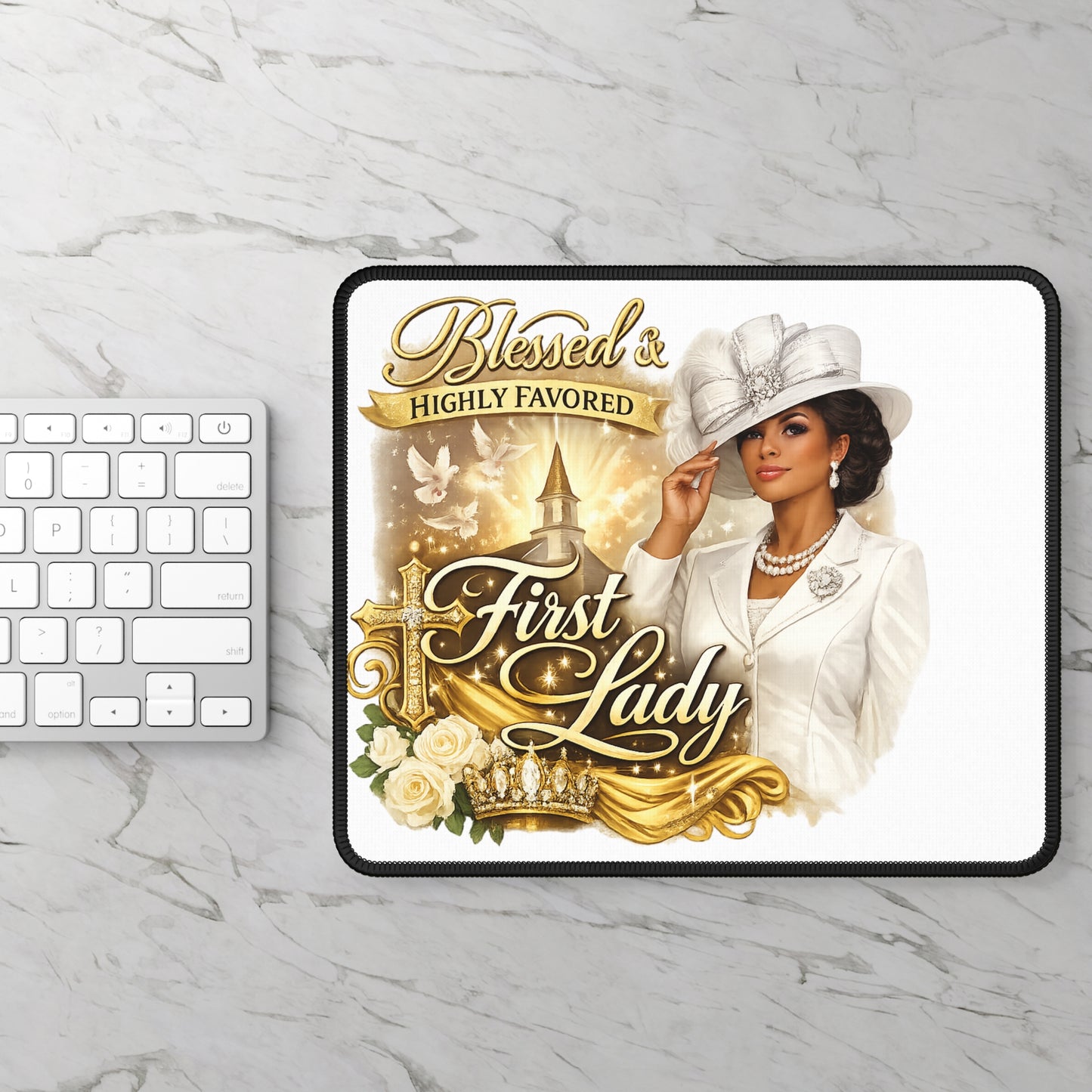 First Lady Gaming Mouse Pad — "Blessed & Highly Favored" Elegant Church-Inspired Desk Mat