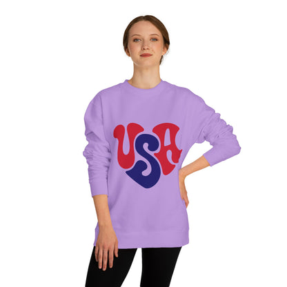 USA Heart Crewneck Sweatshirt — Retro Red & Blue Patriotic Pullover