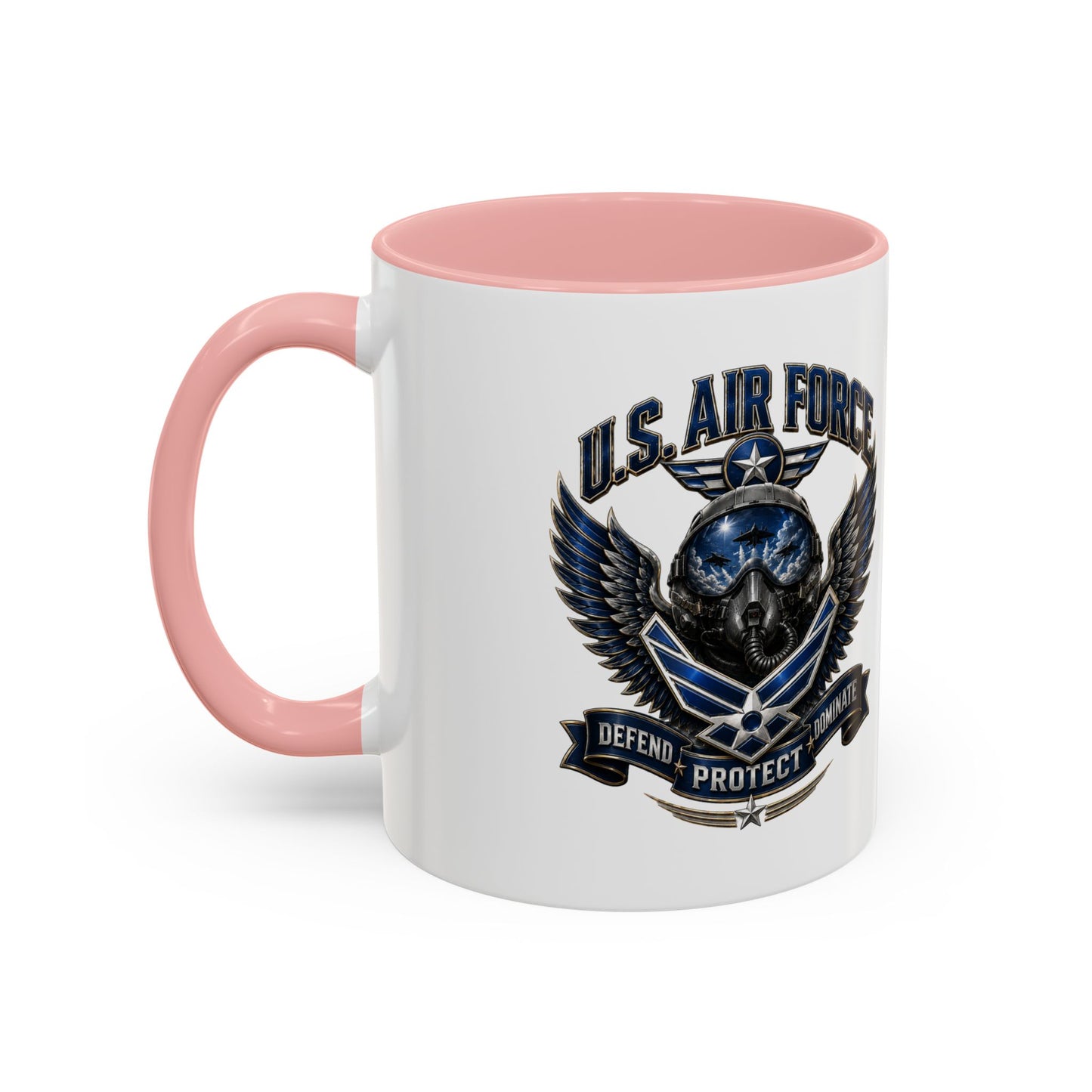 U.S. Air Force Emblem Accent Coffee Mug — Defend Protect Dominate (11/15oz)