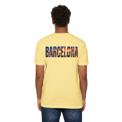 Barcelona Cityscape T‑Shirt — Scenic Sunset Lettering Travel Tee