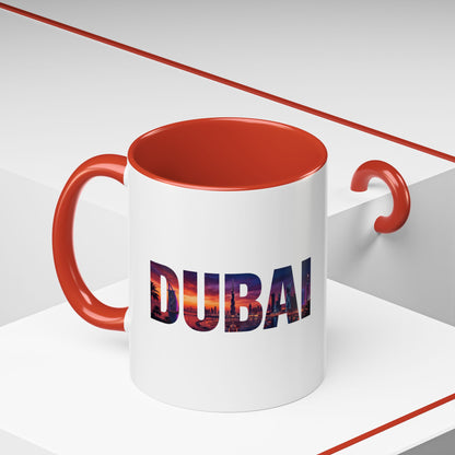 Dubai Skyline Accent Coffee Mug — Sunset City Photo Text (11/15oz)