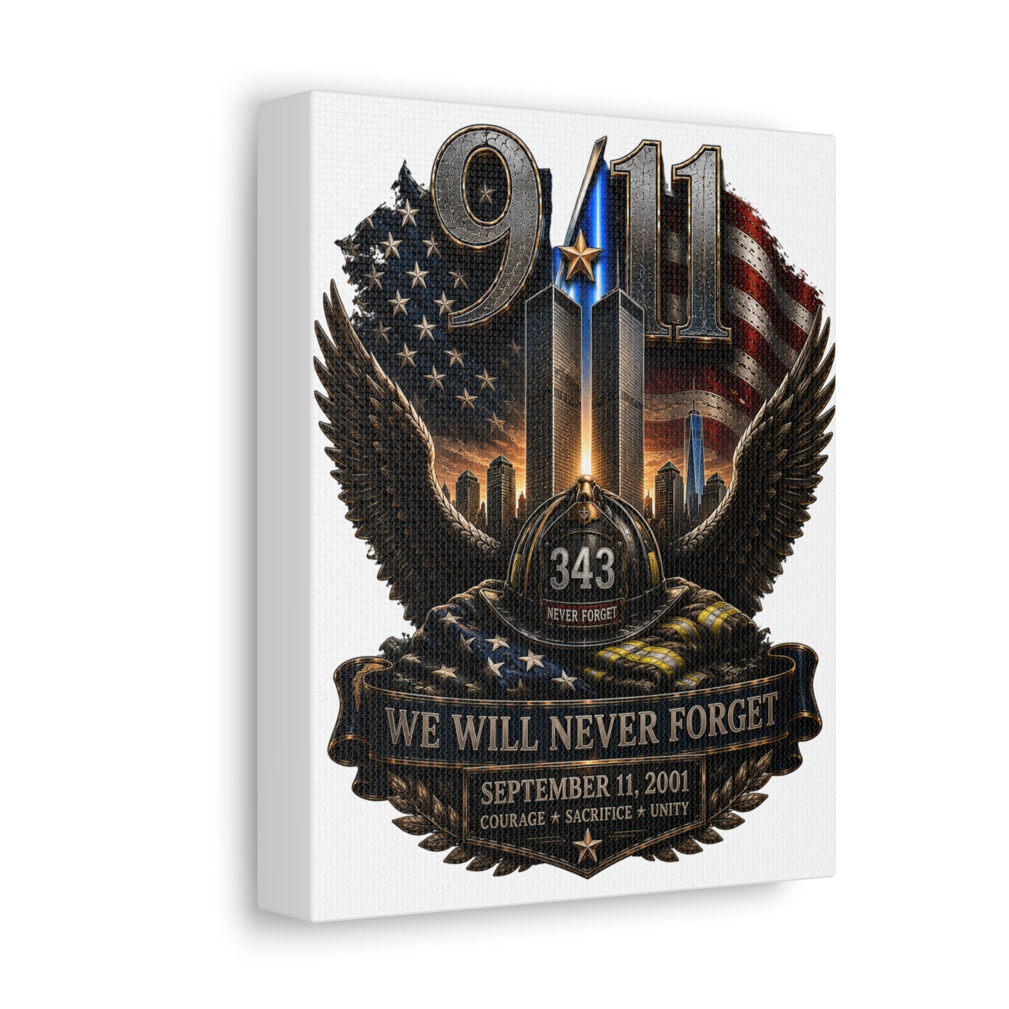 9/11 Memorial Stretched Canvas — "We Will Never Forget" Tribute Art (September 11, 2001)