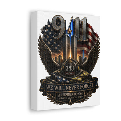 9/11 Memorial Stretched Canvas — "We Will Never Forget" Tribute Art (September 11, 2001)