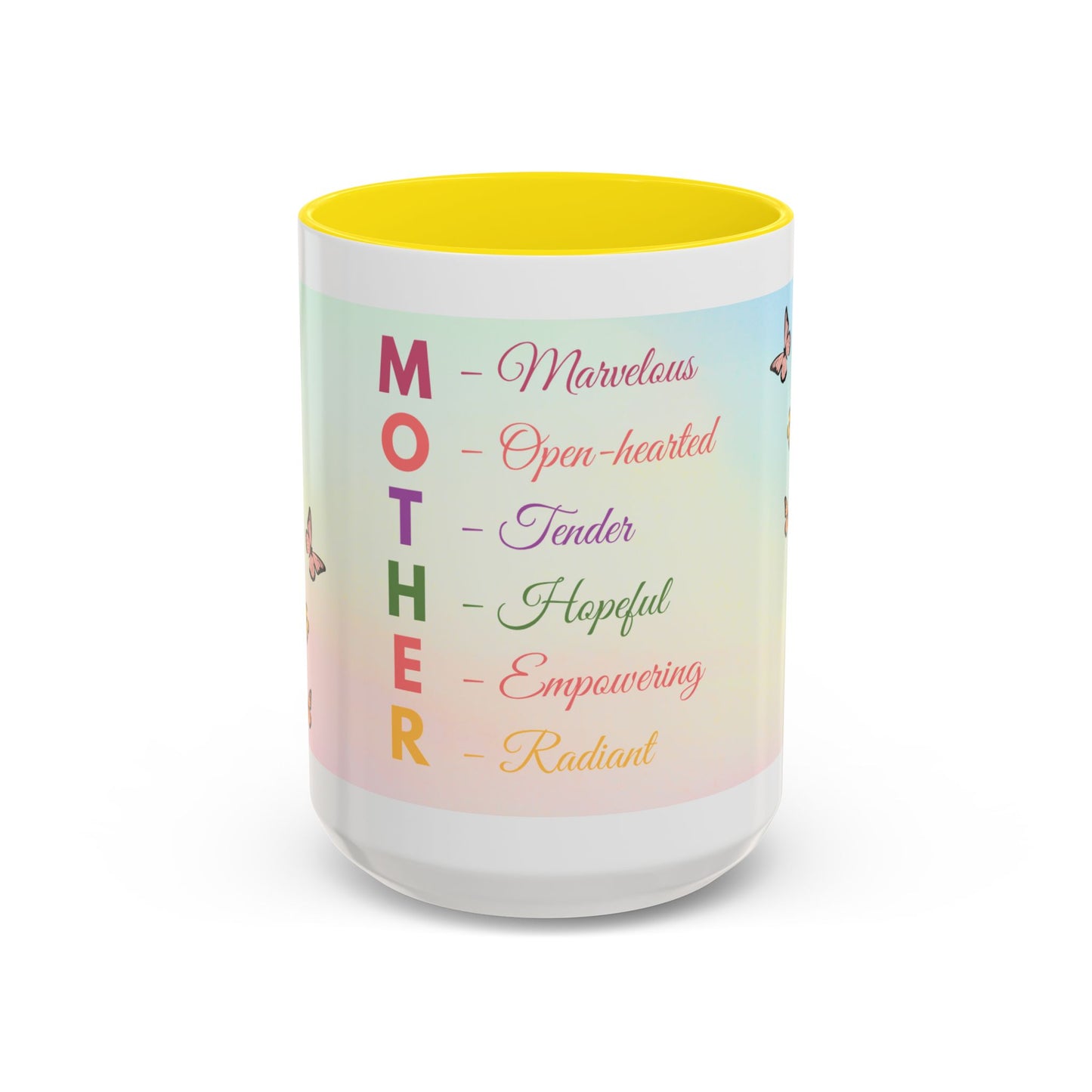 Mother Acronym Coffee Mug — Pastel Butterflies Mother Definition Gift (11/15oz)