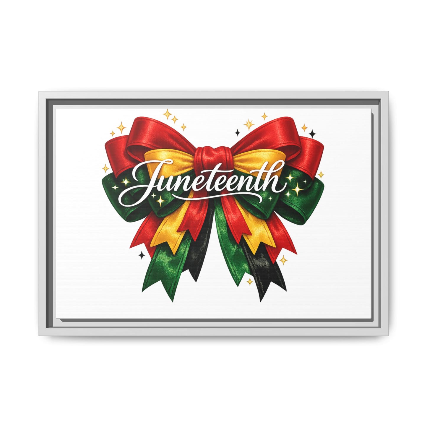 Juneteenth Framed Canvas Print – Festive Red, Green & Gold Ribbon Wall Art