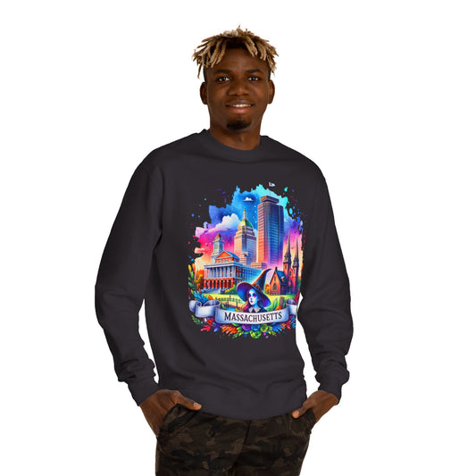 Massachusetts Skyline Crewneck Sweatshirt — Colorful Boston Landmark Graphic