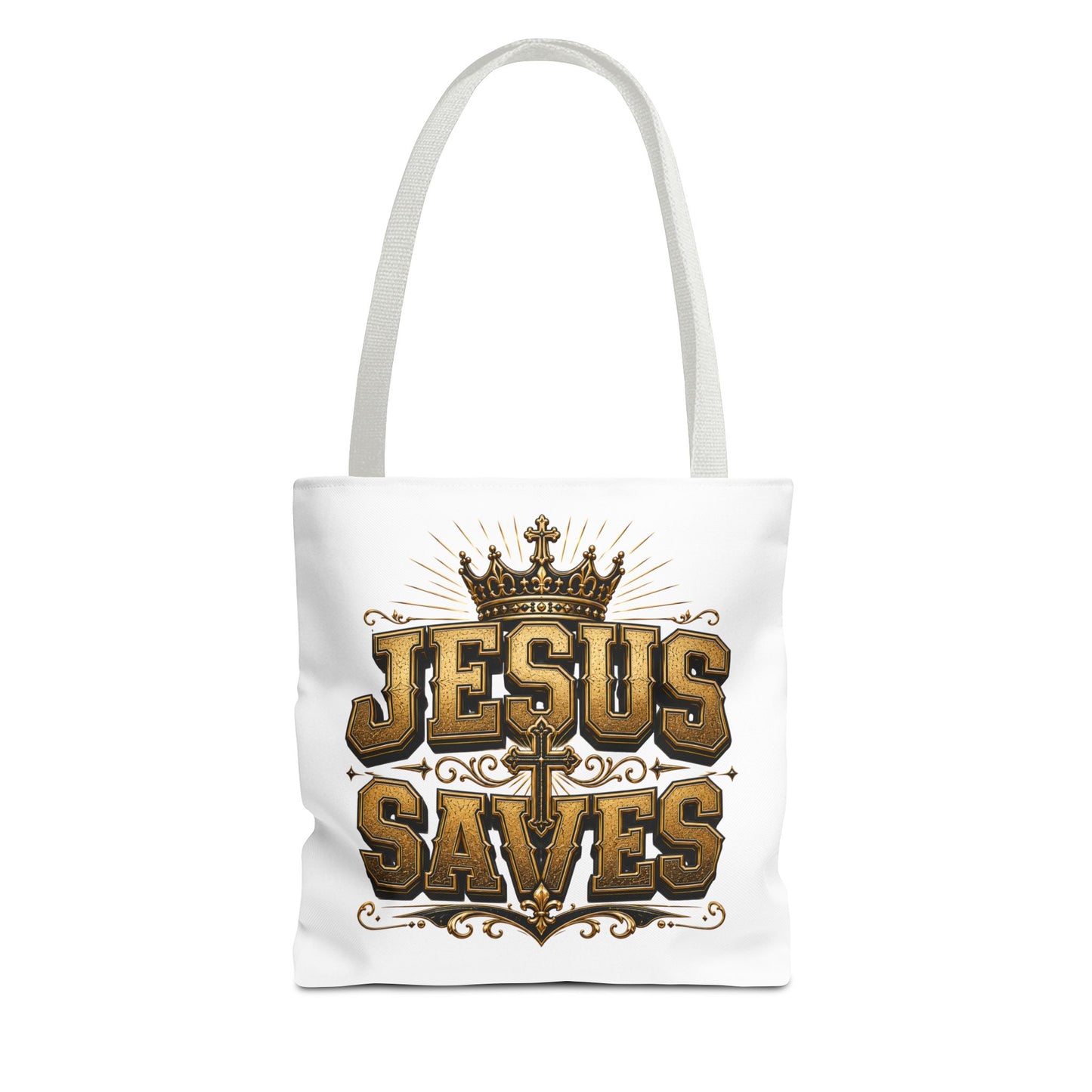 Jesus Saves Tote Bag — Christian Gospel Canvas Carryall with Crown & Cross Design