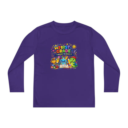 First Grade Ready Youth Long Sleeve Tee — "First Grade Here I Come" Back-to-School Shirt