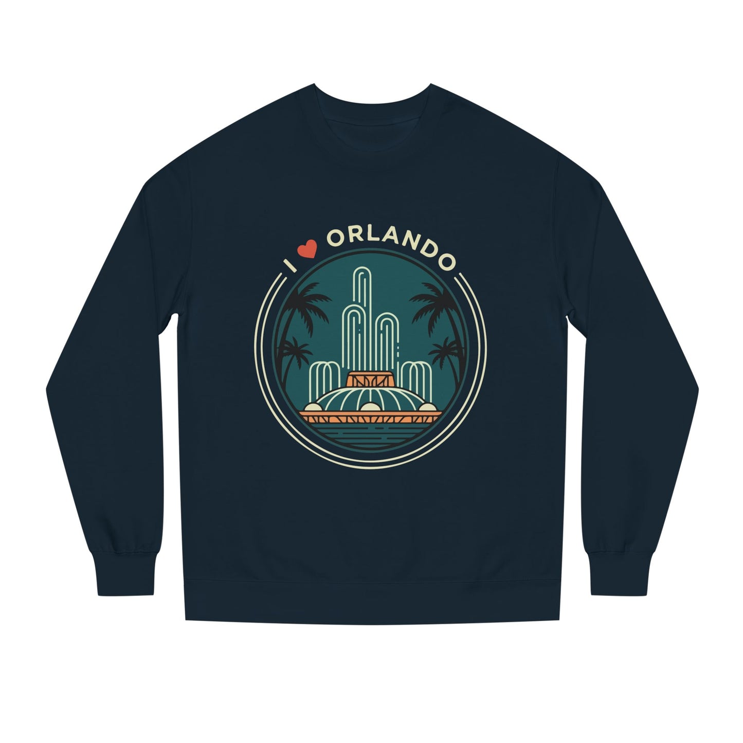 Orlando Fountain Crewneck Sweatshirt — Retro Palm Tree Cityscape
