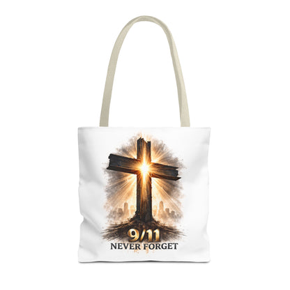 9/11 Never Forget Cross Memorial Tote Bag — Patriotic Remembrance Shopper