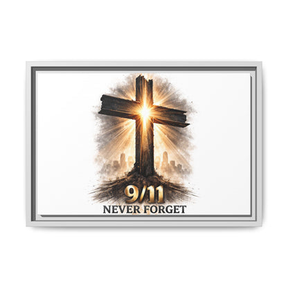 9/11 Never Forget Framed Canvas Wall Art — Memorial Cross Tribute