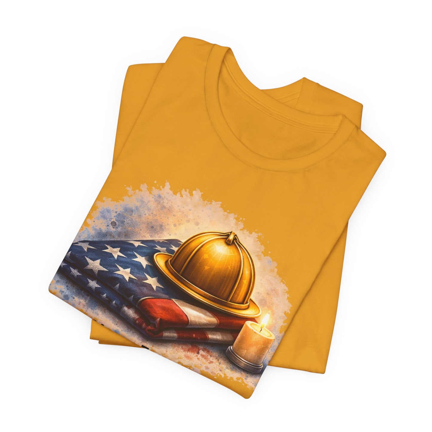 Never Forget Memorial T‑Shirt — Firefighter Helmet & Flag Tribute