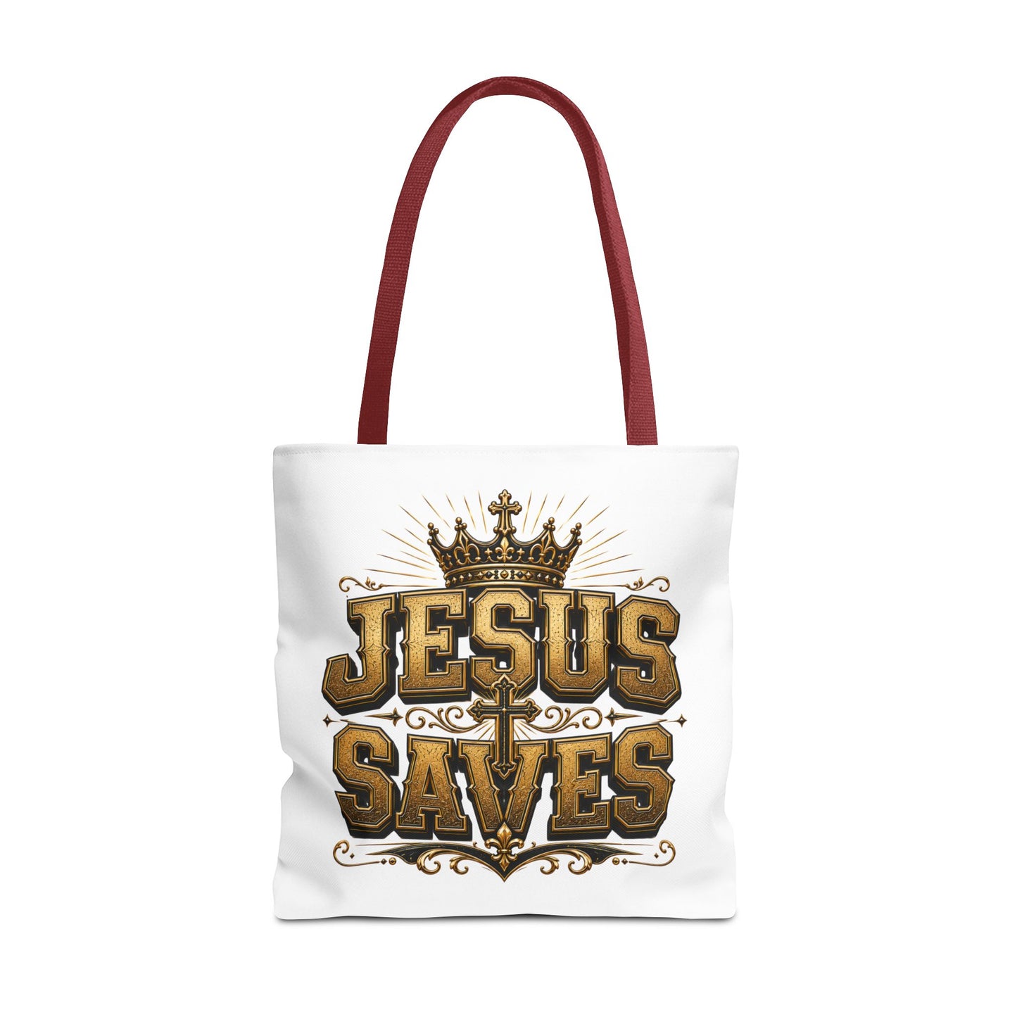 Jesus Saves Tote Bag — Christian Gospel Canvas Carryall with Crown & Cross Design