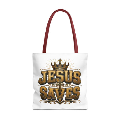 Jesus Saves Tote Bag — Christian Gospel Canvas Carryall with Crown & Cross Design