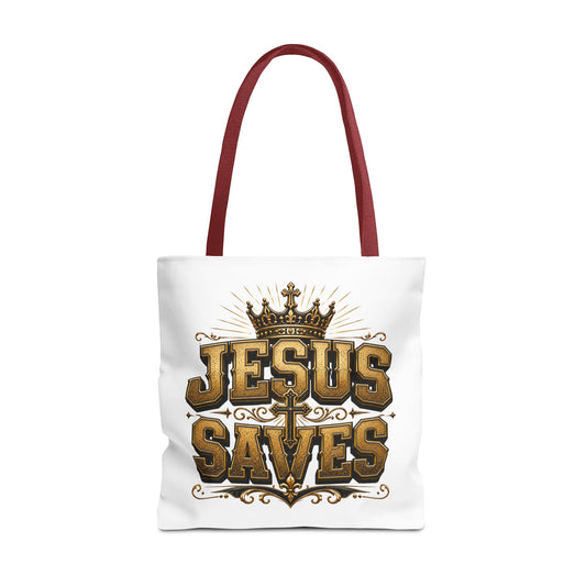 Jesus Saves Tote Bag — Christian Gospel Canvas Carryall with Crown & Cross Design