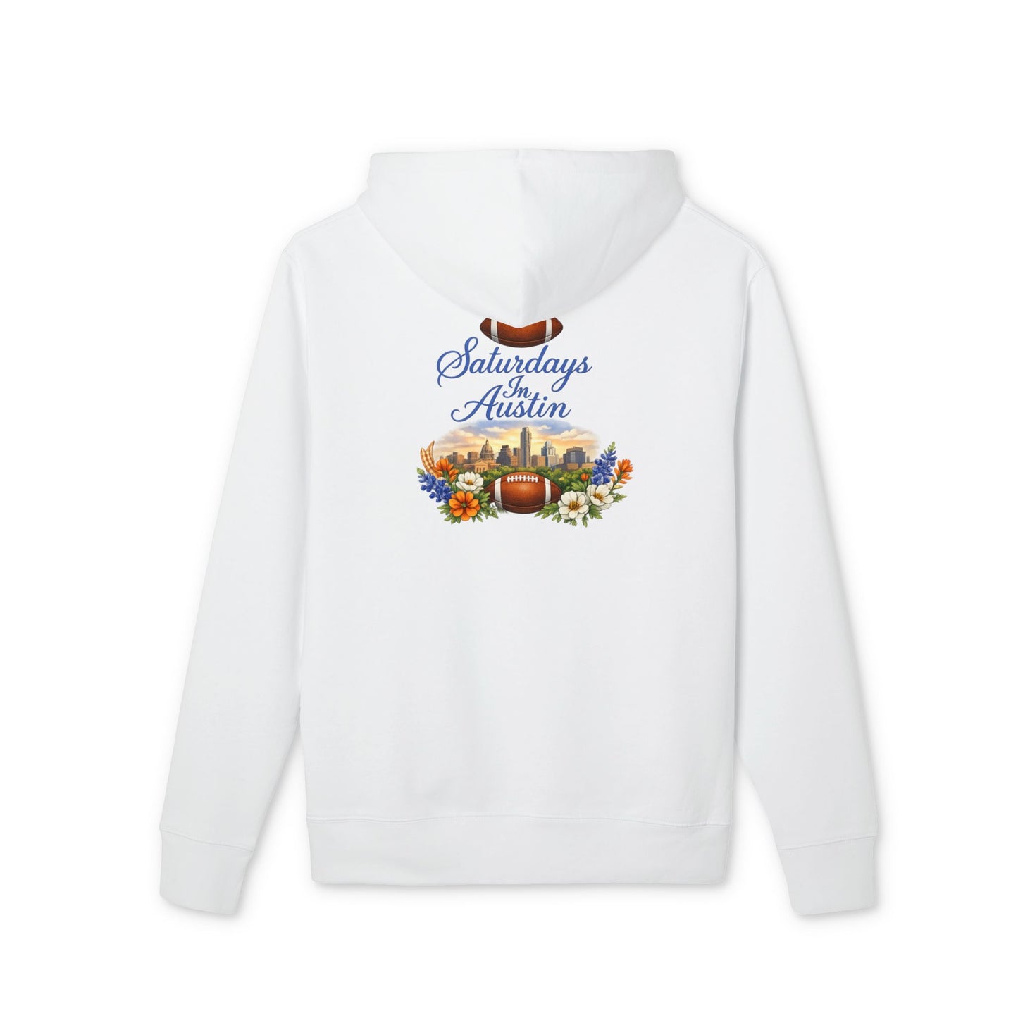 Saturdays in Austin Hoodie — Scenic Austin Skyline & Autumn Graphic