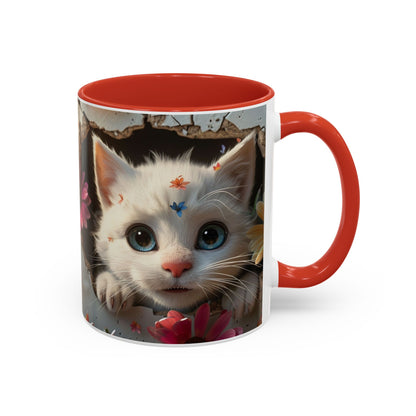 Cute White Kitten Coffee Mug – Floral Accent 11/15oz
