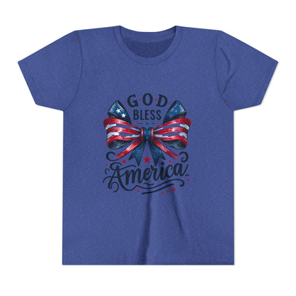 Youth Tee — "God Bless America" Patriotic Bow T-Shirt (4th of July, Memorial Day)
