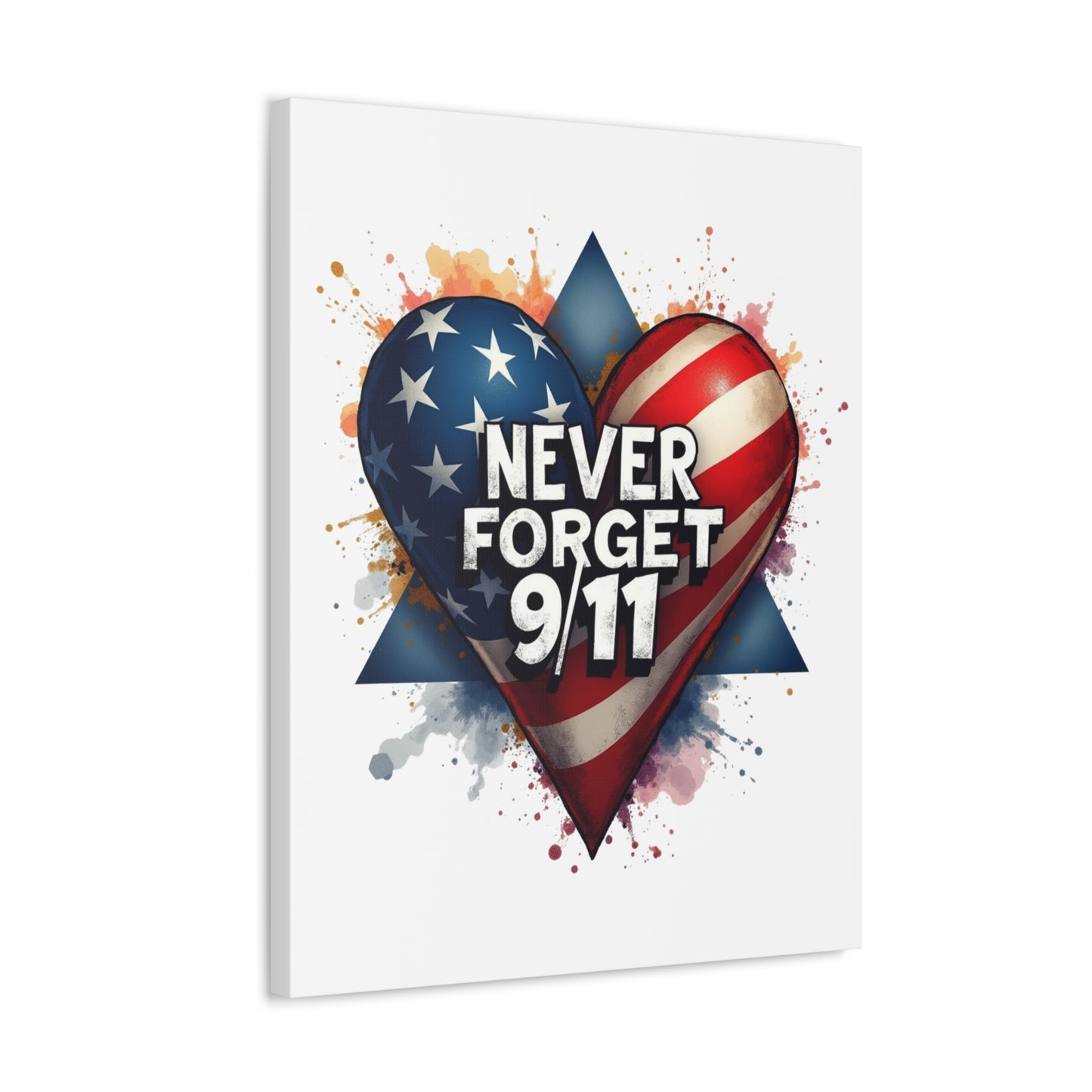 Never Forget 9/11 American Flag Heart Stretched Canvas