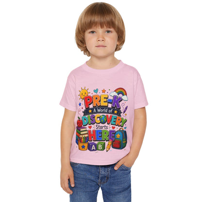 Toddler T‑Shirt — "Pre-K: A World of Discovery Starts Here" Colorful Back-to-School Tee