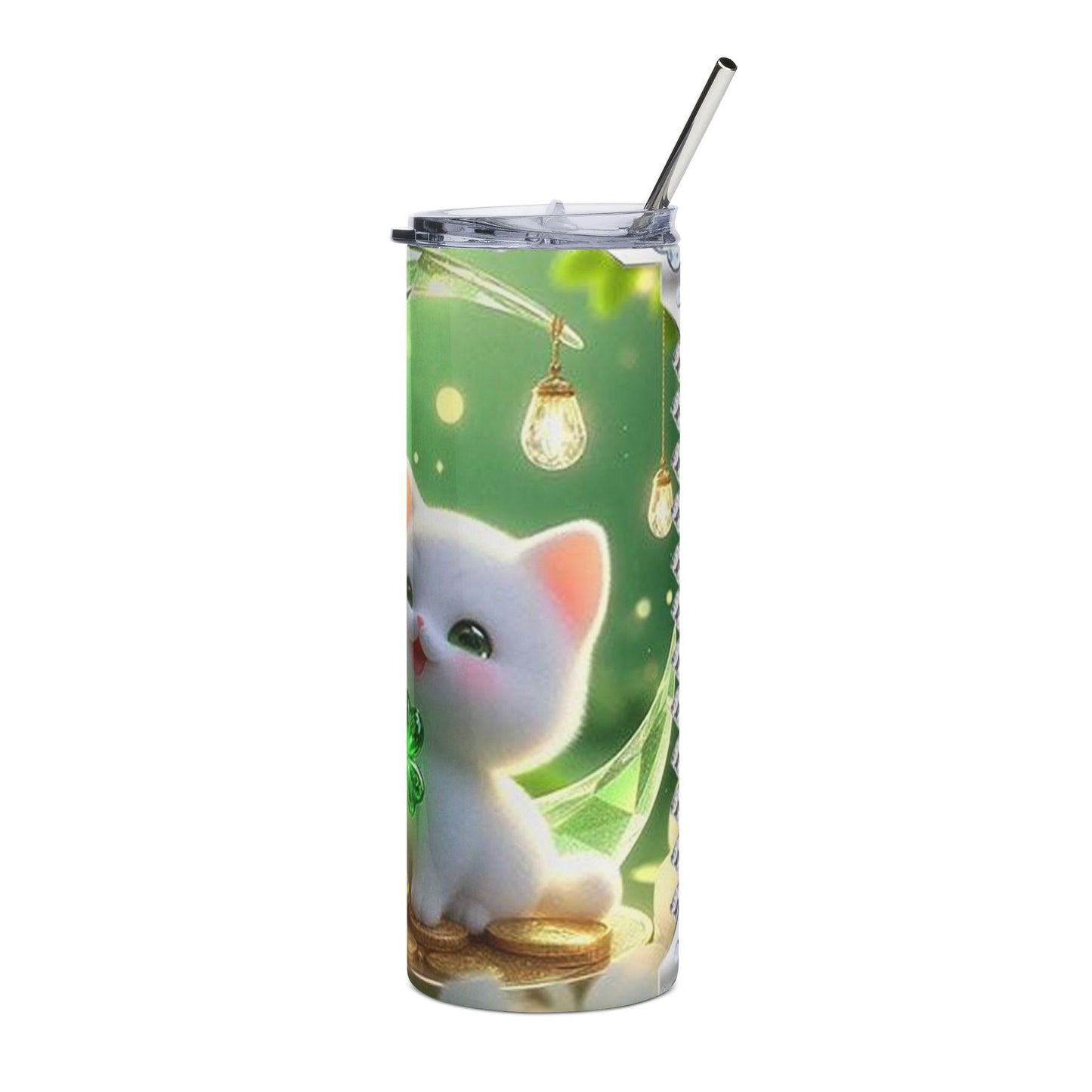 Lucky Cat 20oz Stainless Steel Tumbler — Shamrock, Gold Coins & Cute Kawaii Kitty