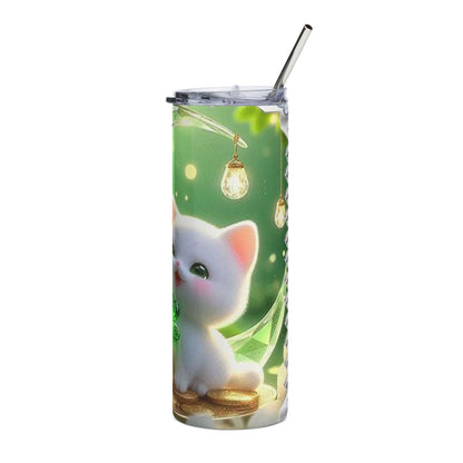 Lucky Cat 20oz Stainless Steel Tumbler — Shamrock, Gold Coins & Cute Kawaii Kitty