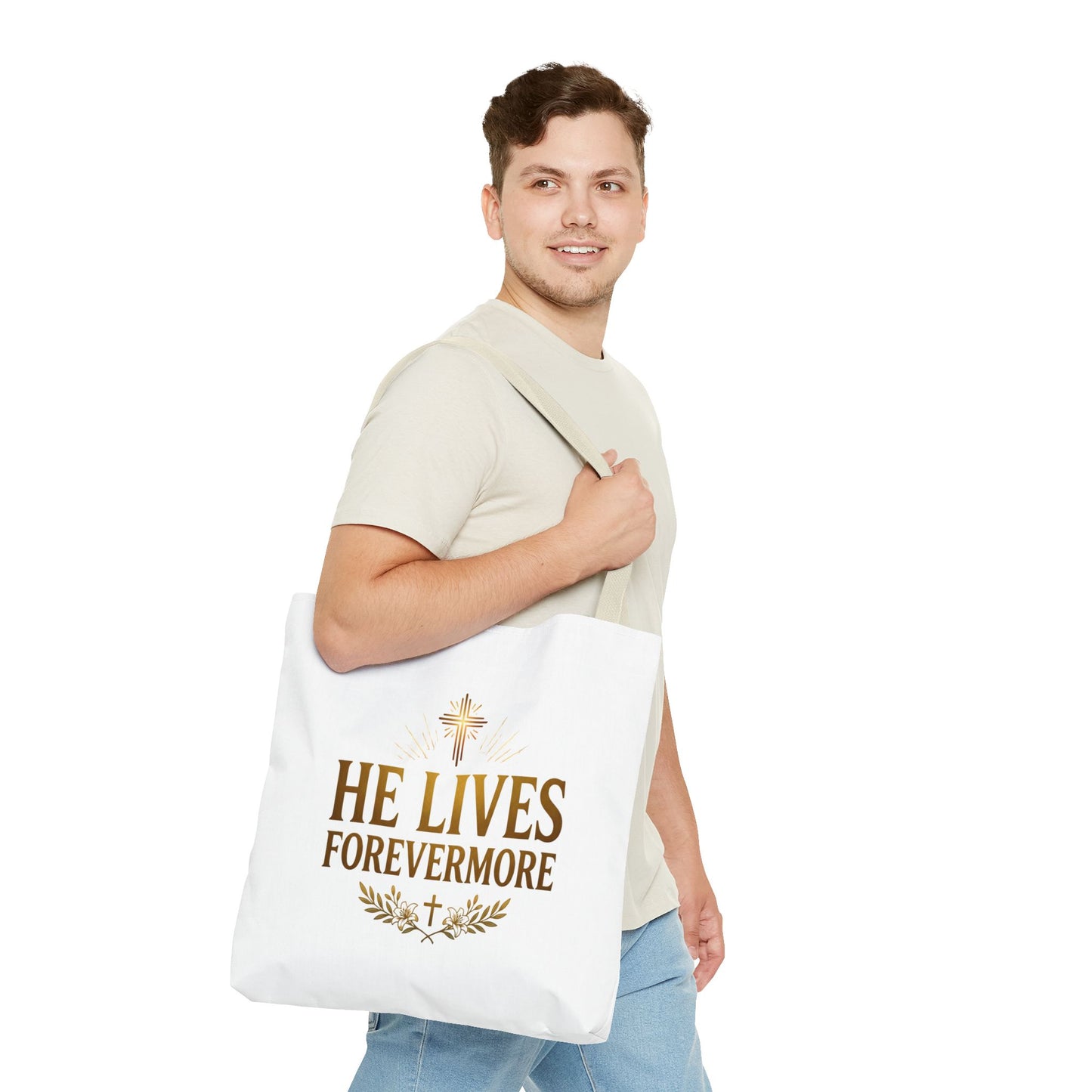 He Lives Forevermore Tote Bag – Christian Faith Cross Easter Canvas Tote