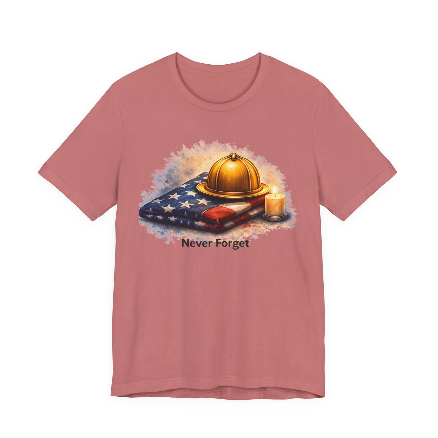 Never Forget Memorial T‑Shirt — Firefighter Helmet & Flag Tribute