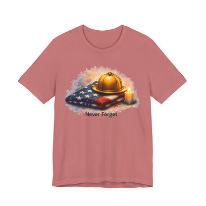 Never Forget Memorial T‑Shirt — Firefighter Helmet & Flag Tribute