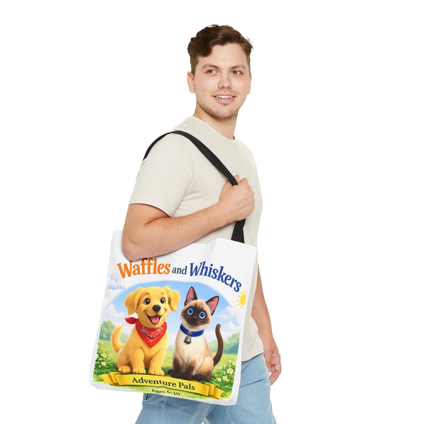 Waffles & Whiskers Adventure Pals Tote Bag — Cute Puppy and Kitten Kids Book Design