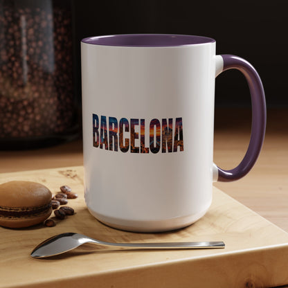 Barcelona Accent Coffee Mug — Scenic Cityscape Text Travel Souvenir (11/15oz)