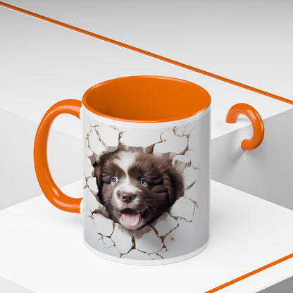 Puppy Breakthrough Accent Coffee Mug (11/15oz) — Cute Dog Face Cracked Wall Design