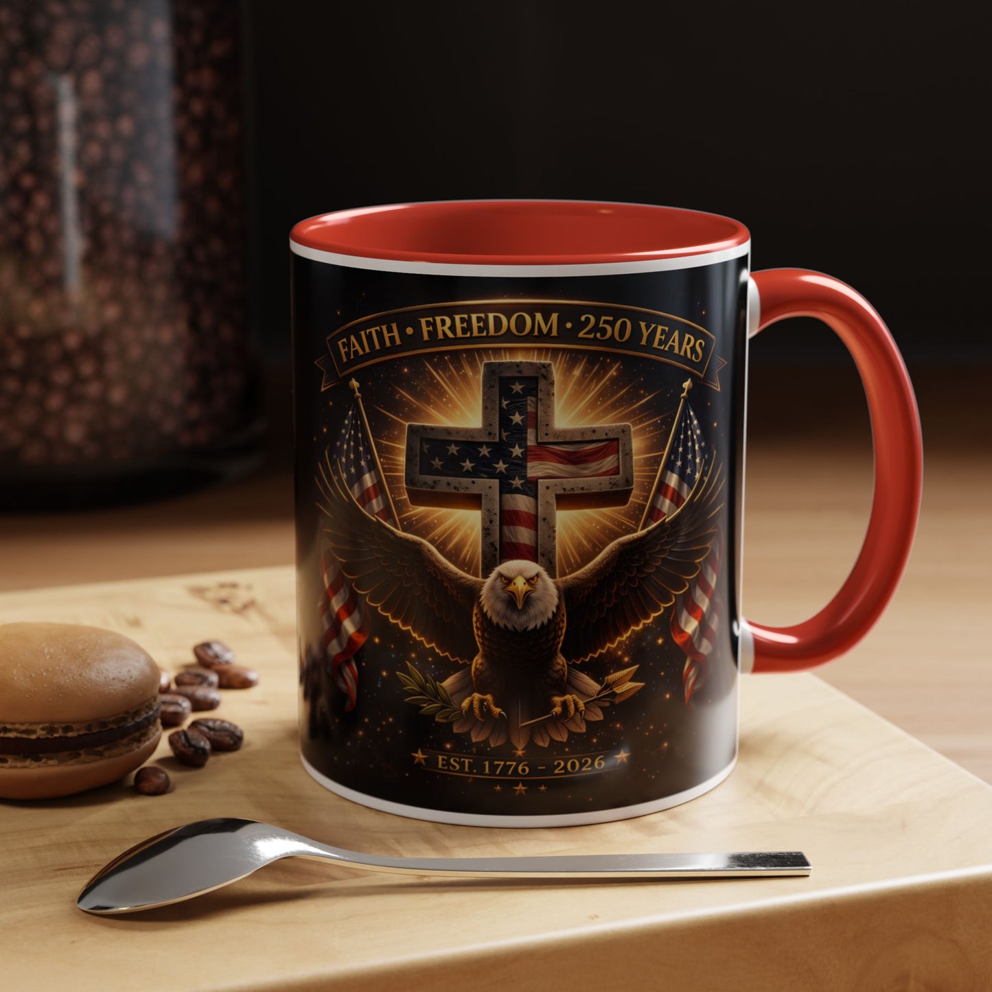 Patriotic Faith & Freedom Accent Coffee Mug — Eagle, Cross & American Flag (1776–2026)
