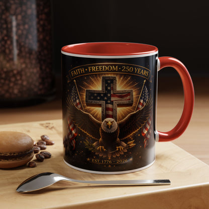 Patriotic Faith & Freedom Accent Coffee Mug — Eagle, Cross & American Flag (1776–2026)