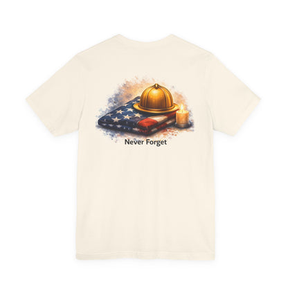 Never Forget Memorial T‑Shirt — Firefighter Helmet & Flag Tribute