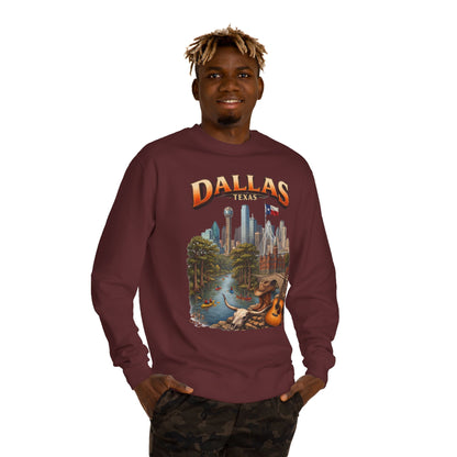 Dallas Skyline Crewneck Sweatshirt — Texas Cityscape & Acoustic Guitar Design