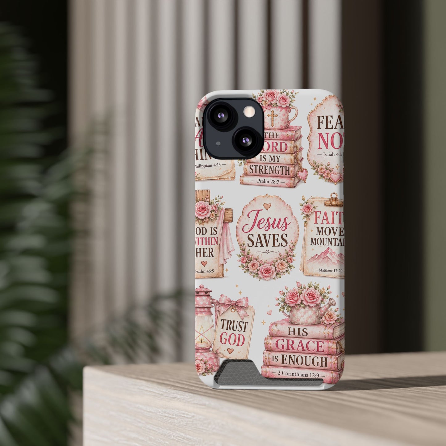 Christian Phone Case with Card Holder — 'Jesus Saves' Floral Scripture Design