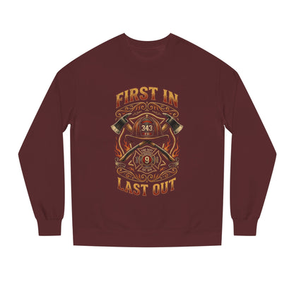 Firefighter Crewneck Sweatshirt — "First In, Last Out" Vintage Fire Department Design
