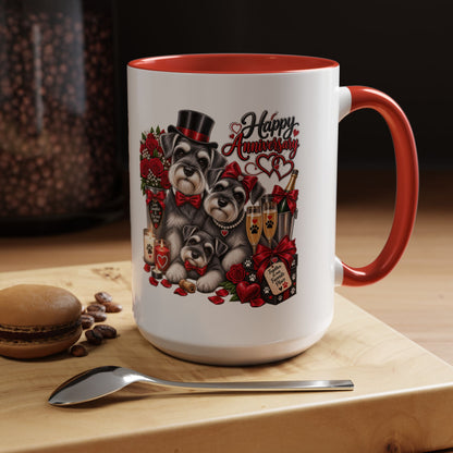 Happy Anniversary Dog Coffee Mug — Cute Pups, Champagne & Roses Accent Mug