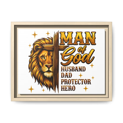 Man of God Framed Canvas Art — 'Man of God: Husband, Dad, Protector, Hero' Religious Wall Decor