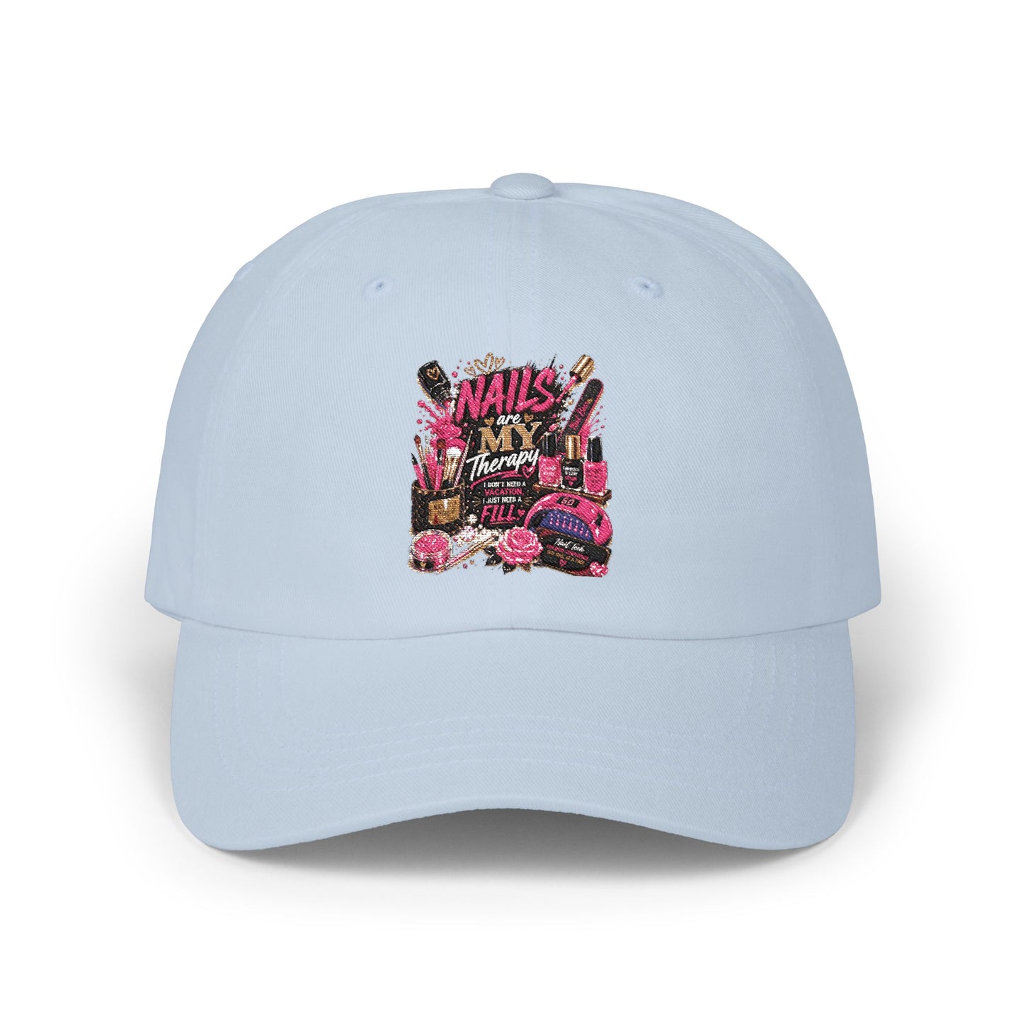 Baseball Cap — 'Nails, Bangs, & Beauty' Pink Cosmetics Embroidered Dad Hat