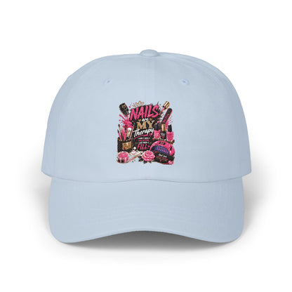 Baseball Cap — 'Nails, Bangs, & Beauty' Pink Cosmetics Embroidered Dad Hat